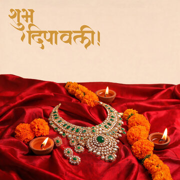Diwali Necklace on Red Cloth with Diya Festive Jewelry Background