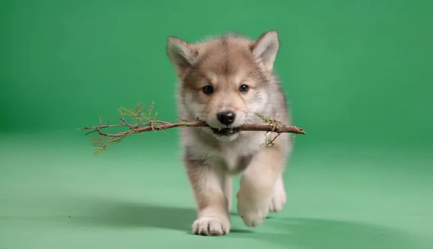 Cute Wolf Pup Walking With a Stick on Green Screen for Wildlife Video Compositing and Creative Editing