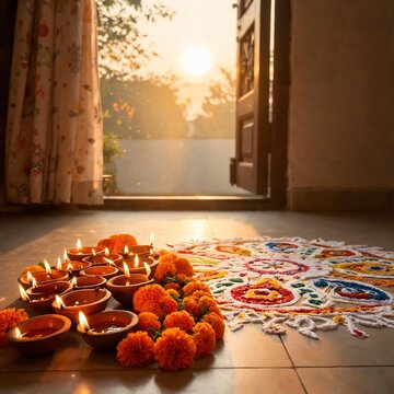 Diwali Rangoli with Diyas and Flowers in Decorated Home with Curtain Wall