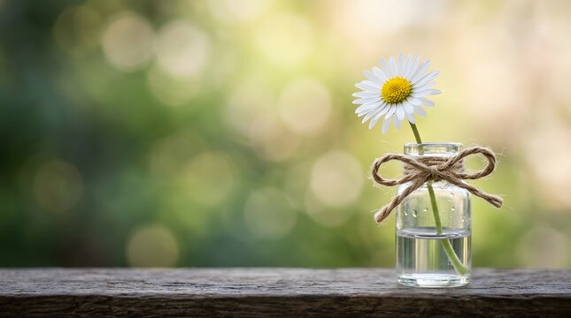 Single daisy flower in a glass bottle with twine bow on a wooden