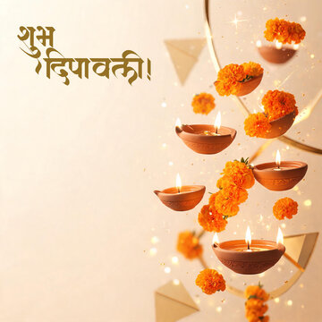 Diwali Diya with Flowers on Light Background with Copy Space