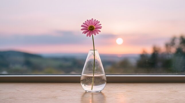 Single pink daisy in a glass vase on a wooden table at sunset with