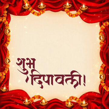 Diwali Diya Flower Border on Red Cloth with Copy Space