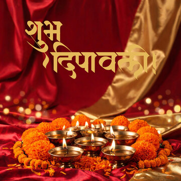 Diwali Diya with Flowers on Red Cloth Festive Background