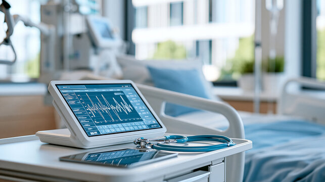 Smart hospital room with connected bedside monitor, tablet and automated medical equipment, digital healthcare, patient monitoring, smart hospital, healthcare innovation, modern