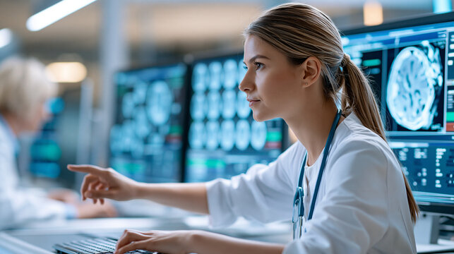 Radiologist reviewing multiple medical scans in a dark diagnostic room, medical imaging, radiology, diagnostic medicine, digital healthcare, clinical analysis, advanced hospital