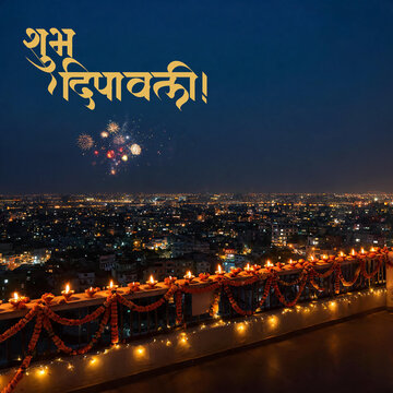 Diwali City Skyline from Balcony with Festive Lights