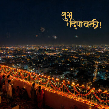 Diwali City Skyline from Balcony with Festive Lights
