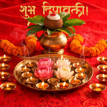 Diwali Kalash Puja on Red Cloth Traditional Hindu Festive Worship Background