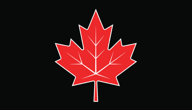 Vibrant red maple leaf with white outlines on a solid black background symbolizing Canadian heritage, nature, and autumn foliage.