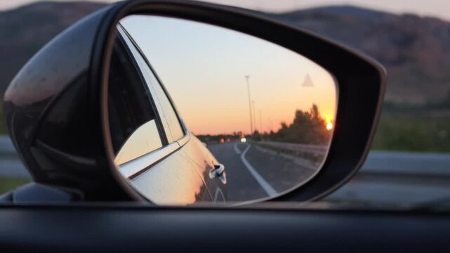 Video showing a vivid sunset reflected in the side mirror of a moving car, with a road stretching into the distance and warm orange light illuminating the landscape