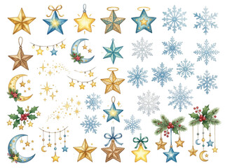 Fototapeta premium Watercolor Christmas stars and snowflakes collection for festive holiday season design projects