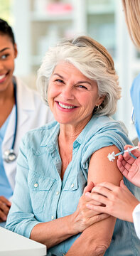 Smiling senior woman receiving vaccination from healthcare professional in clinic, representing immunization, prevention, protection and healthy aging