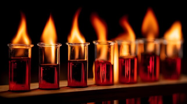 Multiple small glass tubes with red fluid topped by dancing flames