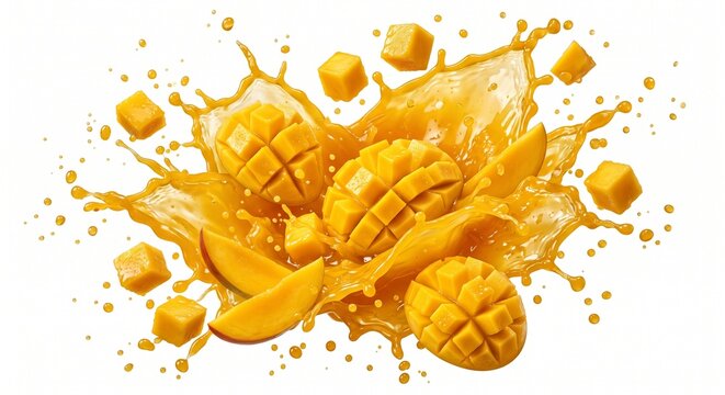 Dynamic mango fruit splash with diced cubes and sliced halves isolated on white background