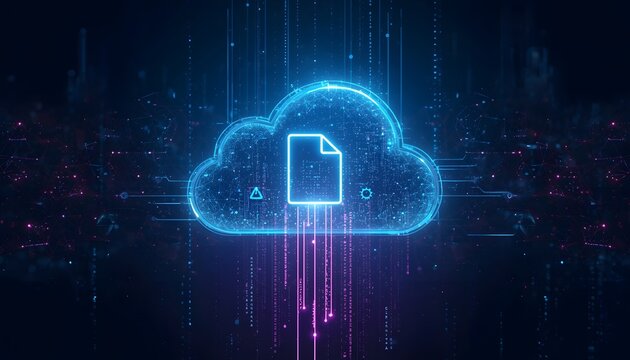 Glowing digital cloud computing interface with document file icon