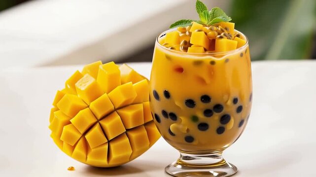 Refreshing mango bubble tea with tapioca pearls and passionfruit seeds in a chilled glass, garnished with mint and diced mango cubes.