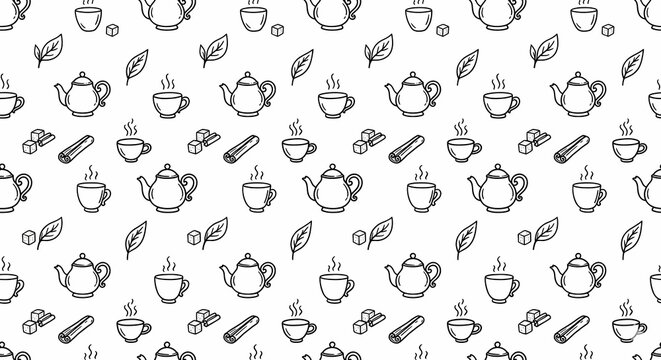 Seamless pattern of hand-drawn tea time line art with teapots, cups and tea leaves