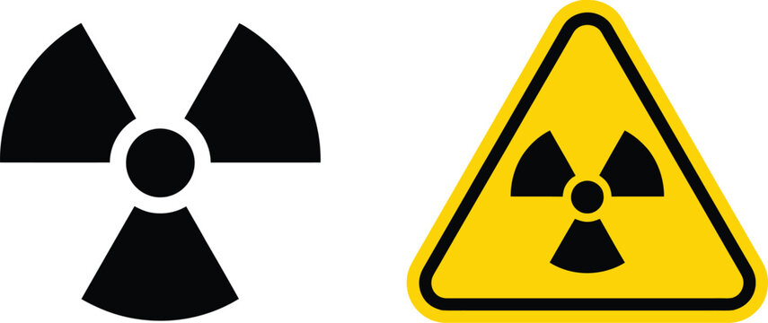 Radiation hazard symbol and yellow triangular warning sign for nuclear danger and radioactive material