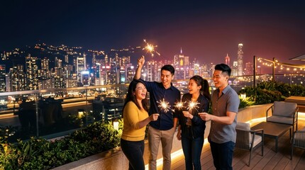 Fototapeta premium Happy friends celebrating with sparklers on a rooftop terrace overlooking a glowing city skyline