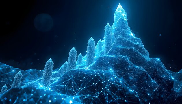 Abstract digital mountain landscape with glowing blue data growth