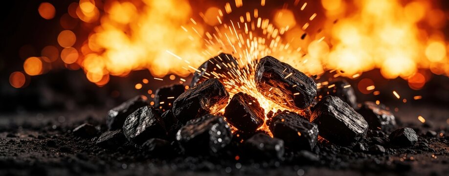 Burning charcoal coals with glowing orange sparks. Hot embers ignite in dark background with fire bokeh. Fuel material for steel production barbecue grill. Intense heat, combustion energy from