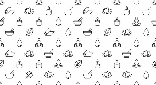 Seamless pattern of yoga and meditation outline icons with lotus flowers, mats and candles