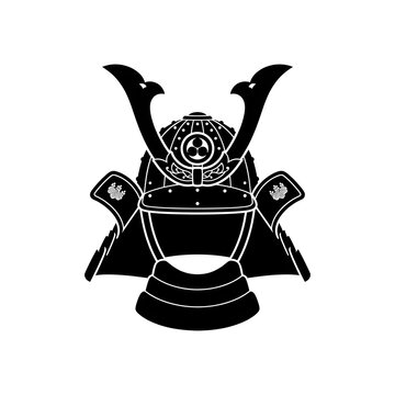 Black vector silhouette of a traditional Japanese samurai helmet (kabuto). A historic cultural icon representing warriors and ancient Japan.