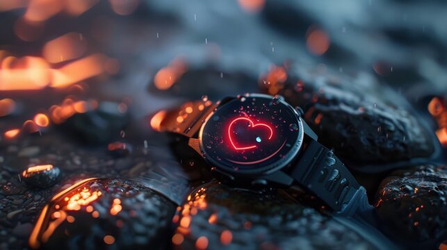 Ultrarealistic smartwatch on wet stone water droplets glowing screen Canon EOS R5