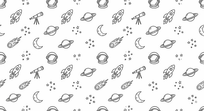 Seamless pattern of space exploration line art with rockets, planets, comets and telescopes