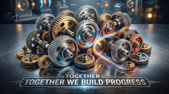 Interlocking Metal Gears and Cogs Symbolizing Teamwork, Progress, and Mechanical Engineering