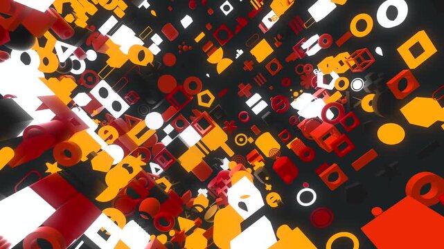 Motion background featuring floating red, orange, white, and black geometric shapes and mathematical symbols scattered across a dark background.   