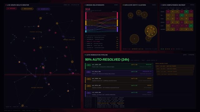 Explore the intricacies of an AI Knowledge Graph Dashboard showcasing broken relationships, duplicates, and incomplete entity data with a dark-mode design and animated graphs.