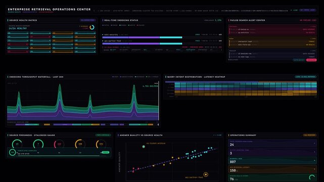 Dark mode enterprise operations dashboard showing source health, indexing status, and failed search alerts with real-time data visualization in 4K. for commercial creative technology and business use.