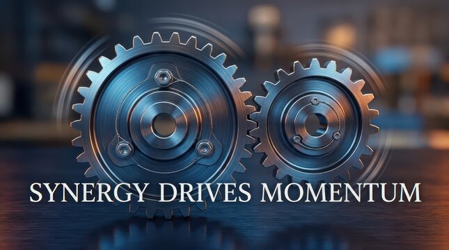 Interlocking Metal Gears in Motion, Symbolizing Synergy, Momentum, and Teamwork in Industry