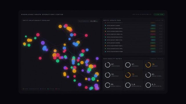 Premium dark mode knowledge graph dashboard with animated force-directed network, entity update feed, and data quality metrics in 4K for commercial creative technology and business use.