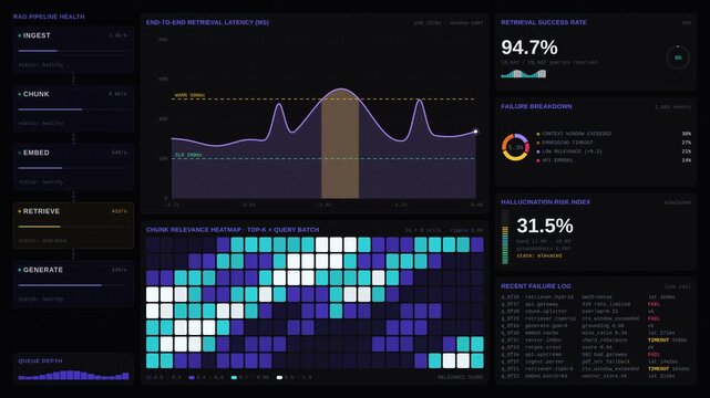 Cinematic 4K dark mode RAG pipeline monitoring dashboard animation showing retrieval quality, latency waveforms, relevance heatmaps, and failure analytics with glowing data particles.