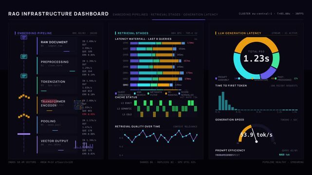A sophisticated RAG infrastructure dashboard showcasing embedding pipelines, retrieval stages, and generation latency with vibrant colors and detailed analytics in a seamless loop.