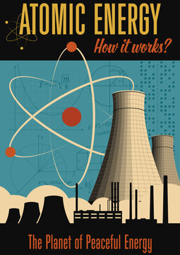 1950s - 1960s Science and Technology Magazine Cover Style Illustration, Vintage Colors, Retro Communications, Aged Paper Texture, Atomic Energy, Nuclear Power Plant