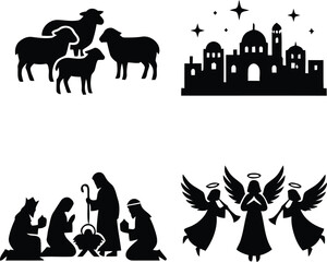 Fototapeta premium Christian nativity scene silhouettes with sheep town stars and angels vector graphics
