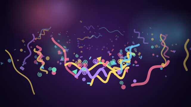 Colorful confetti and streamers exploding on a dark purple background for celebration and party