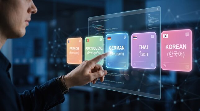 Man interacting with a futuristic transparent holographic interface displaying language options like German, French, Korean, and Thai, symbolizing artificial intelligence