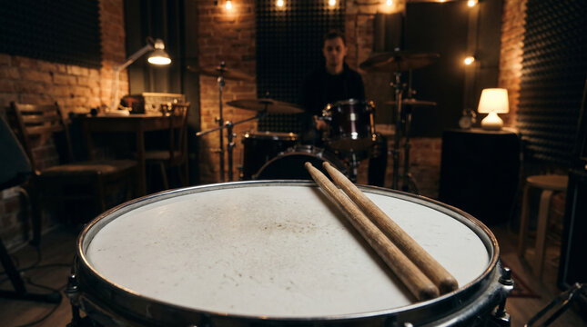 Snare drum with wooden sticks in a professional music recording studio