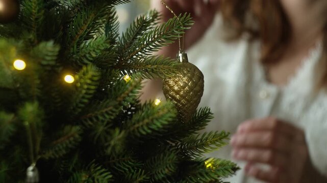 Woman decorating Christmas tree, hanging golden Christmas ornaments.