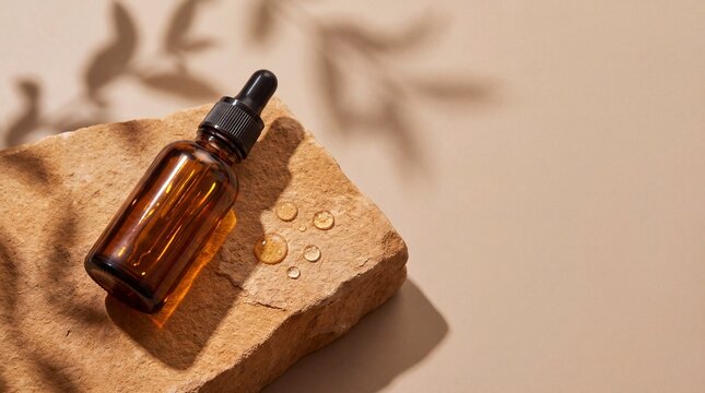 Amber Glass Dropper Bottle on Sandstone with Liquid Droplets for Skincare Brand Website Hero