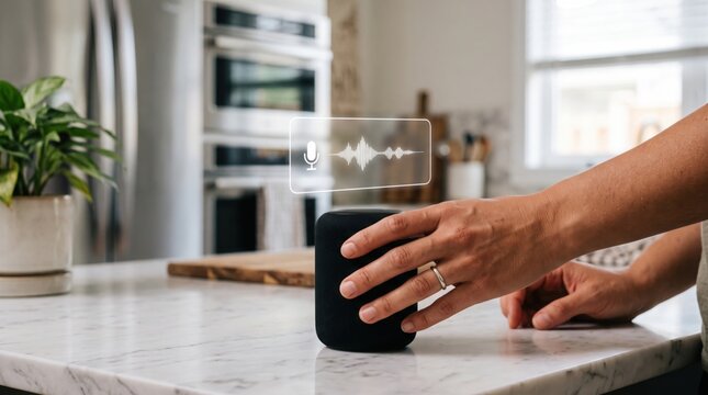 A person interacting with a smart speaker in a modern kitchen with a digital voice assistant graphic