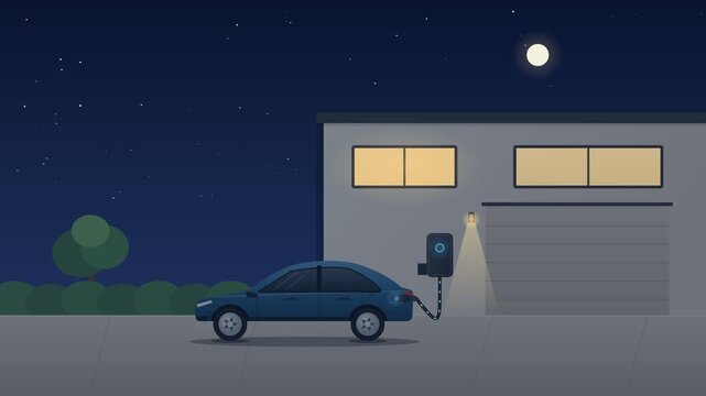Electric car charging overnight at home station in a modern suburban driveway, illustrating sustainable energy transition from day to night