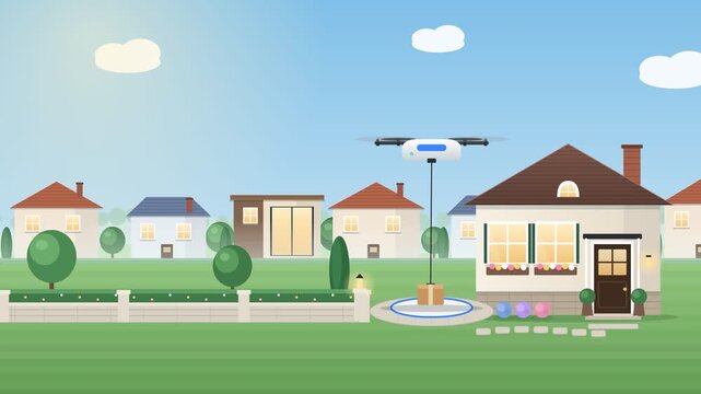 Animated drone delivery service dropping off a package at a suburban residential house with a green lawn and trees