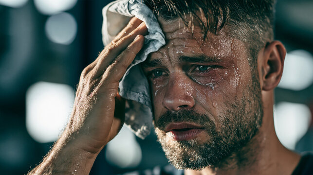 Stressed bearded man holding a gray towel to his forehead with an exhausted expression, overheating, heat stroke, burnout, anxiety, physical exhaustion, and emotional struggle concept portrait