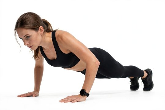Athletic Woman Performing Push Up Exercise Isolated on White Background for Upper Body Strength and Core Fitness